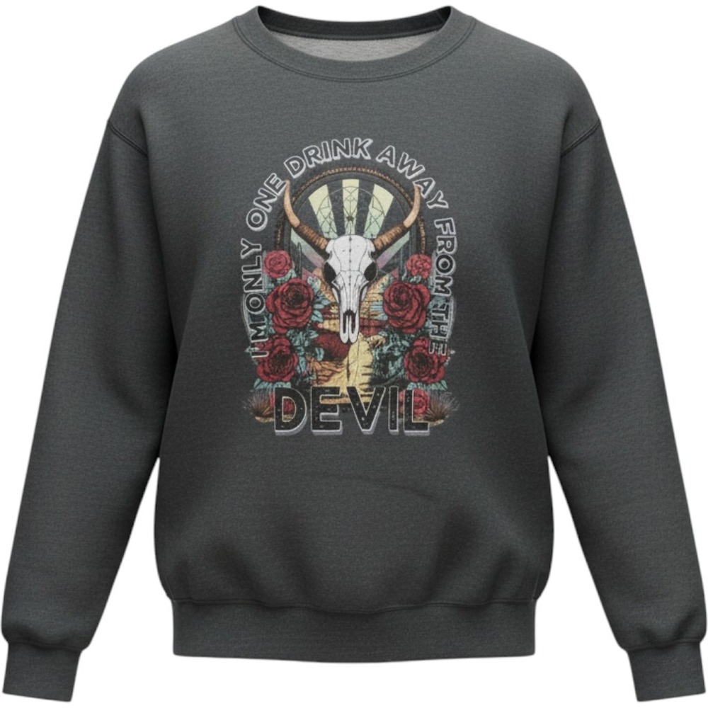 Women's Gray Graphic Sweatshirt One Drink Away From The Devil Skull Medium